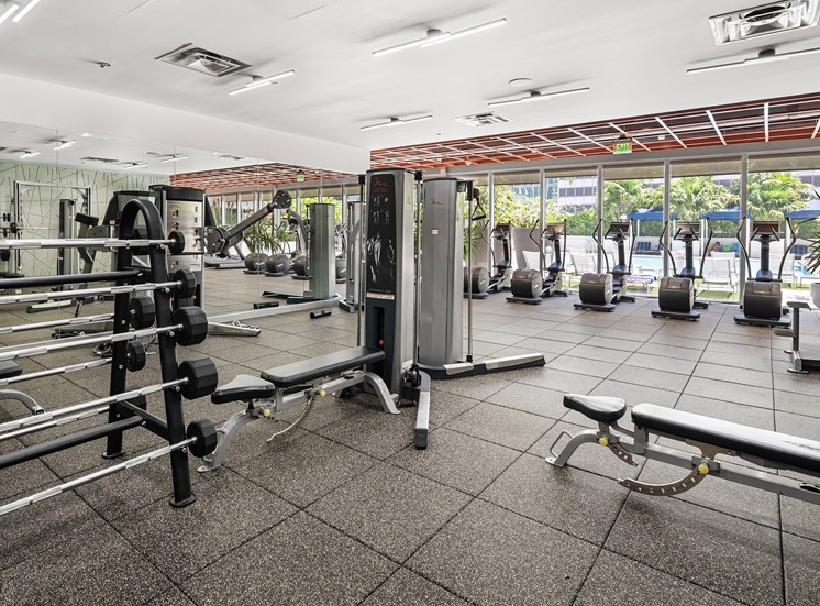 A gym with a variety of equipment including weights and machines.